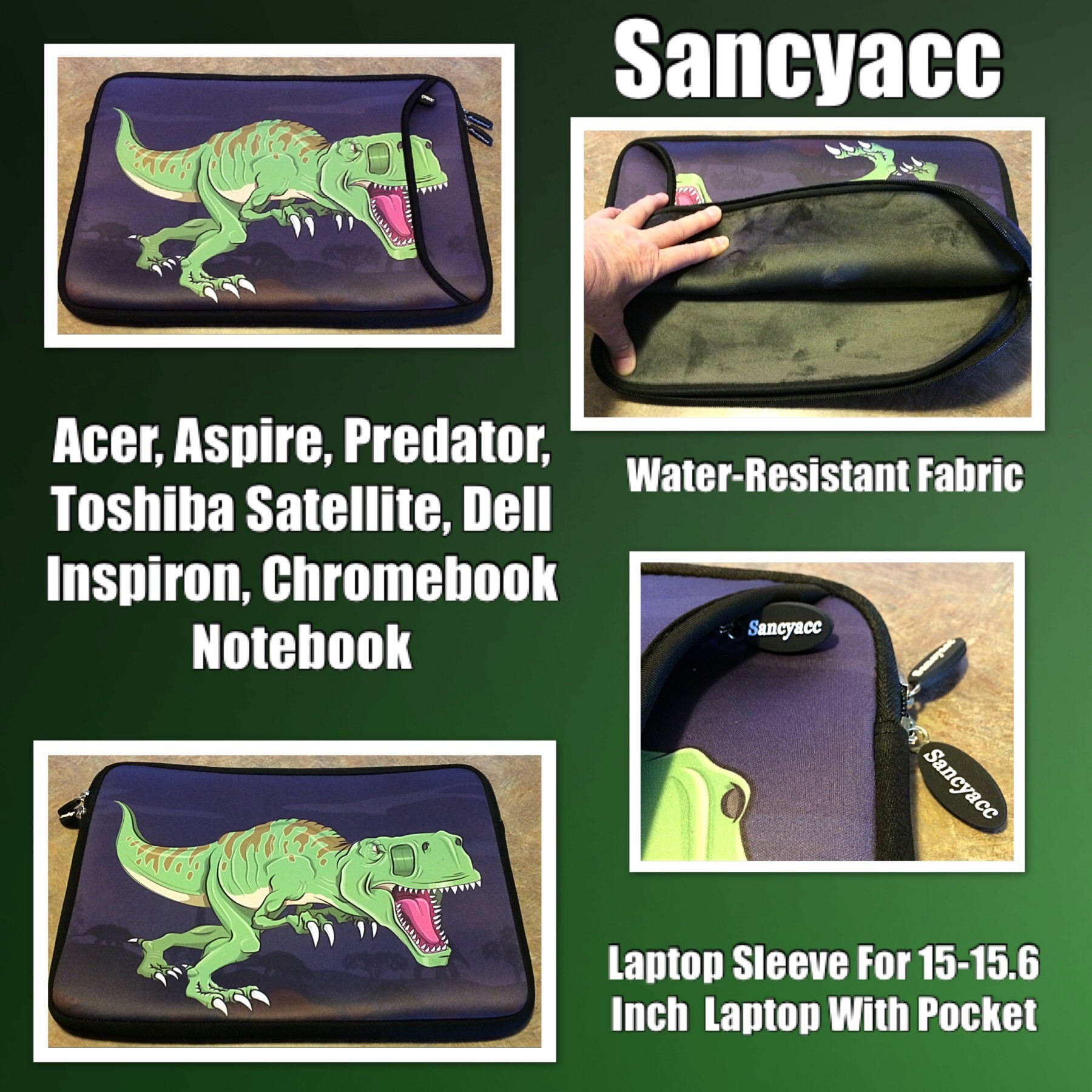 Sancyacc Laptop Sleeve for 15-15.6 Inch, Water-Resistant Fabric Laptop Case With Pocket For Acer, Aspire, Predator, Toshiba Satellite, Dell Inspiron, Chromebook Notebook (Dino)