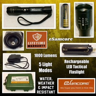 Rechargeable LED Tactical Flashlight, eSamcore Water resistant Flashlight With Safety Hammer And 18650 Battery & Charger (Zoomable) (1000 Lumens) (5 Modes) For Camping Outdoor Emergency