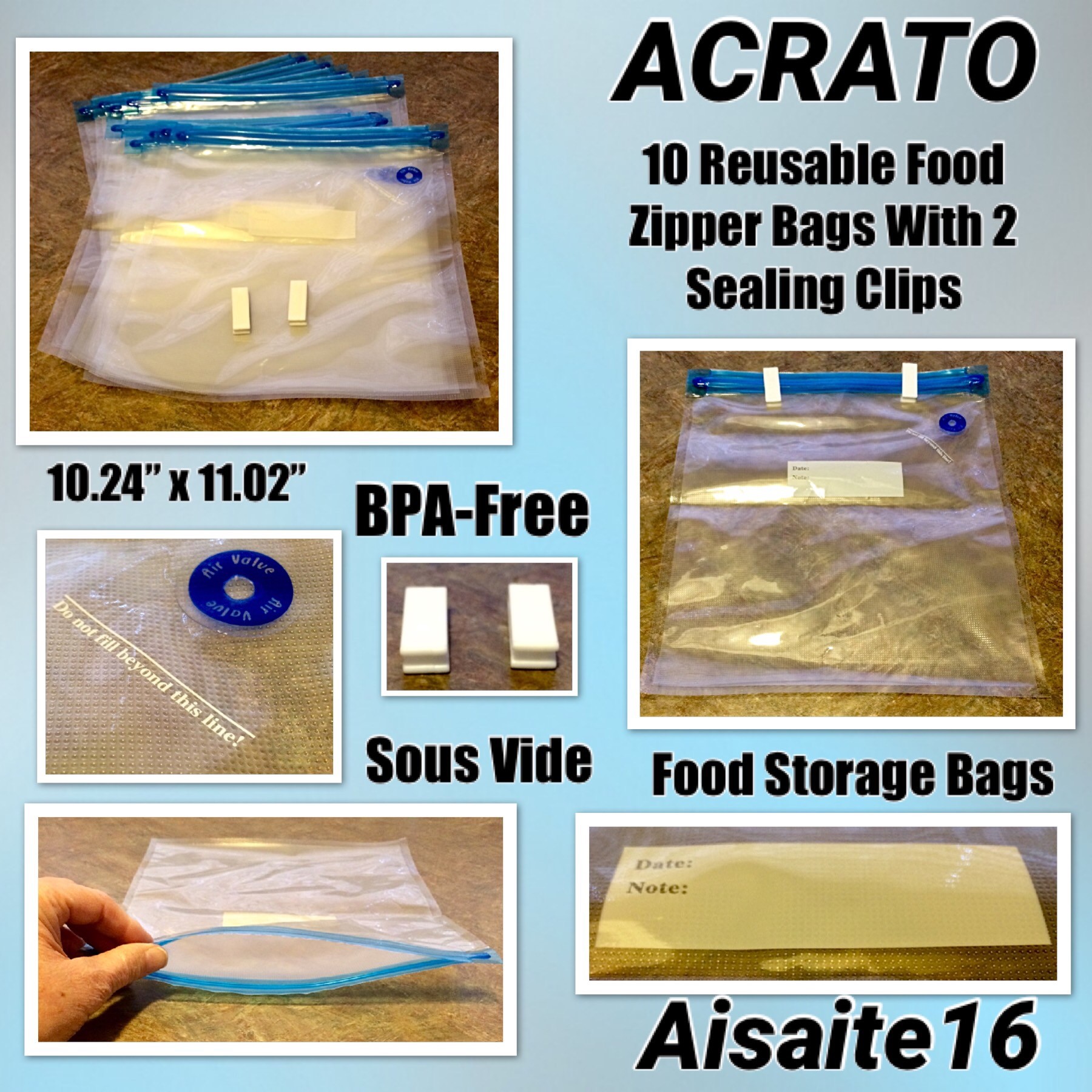 ACRATO [10 Bags] Sous Vide Bags For Immersion Circulation, ACRATO Food Storage Bags BPA-Free Reusable Food Zipper Bags With 2 Sealing Clips, Easy To Use & Enviromental-Friendly