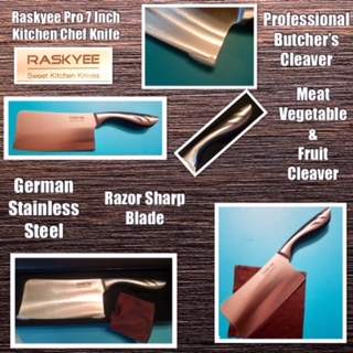 Raskyee Pro 7 Inch Kitchen Knife - German Stainless Steel - Razor Sharp Blade & Easy Grip Handle Chopping, Carving & Slicing Knife - Meat, Vegetable & Fruit Cleaver For Home & Restaurants