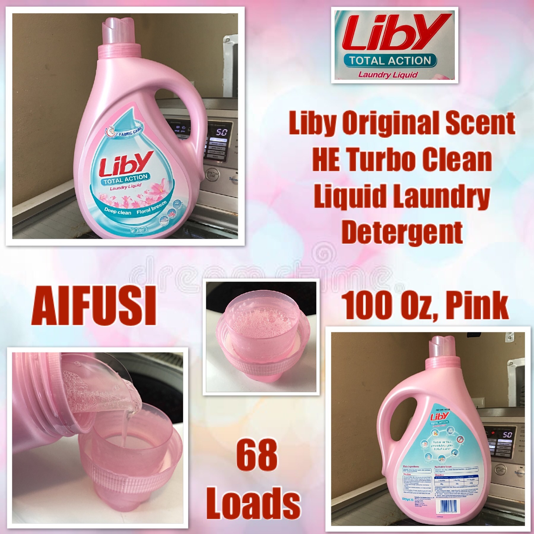 Liby Original Scent HE Turbo Clean Liquid Laundry Deteregent (68 Loads), 100 Oz, Pink