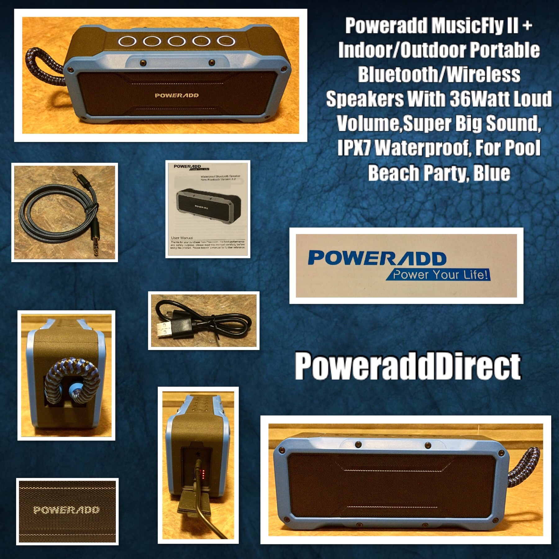 Poweradd MusicFly II + Indoor/Outdoor Portable Bluetooth Wireless Speakers With 36 Watt Loud Volume, Super Big Sound, IPX7 Waterproof, For Pool Beach Party, Blue