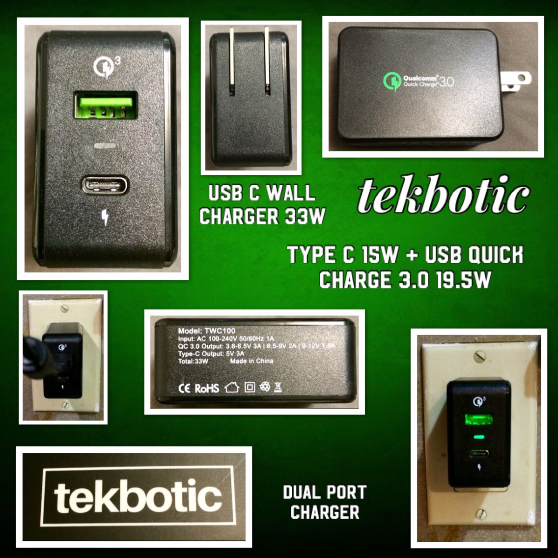 USB C Wall Charger 33w - Dual Port Charger - Type C 15w + USB Quick Charge 3.0 19.5w - tekbotic - 2-Port Travel Adapter For Switch, Pixel, iPhone, iPad, Galaxy, Oneplus, Hauwei, Lumia, And More - tekbotic
