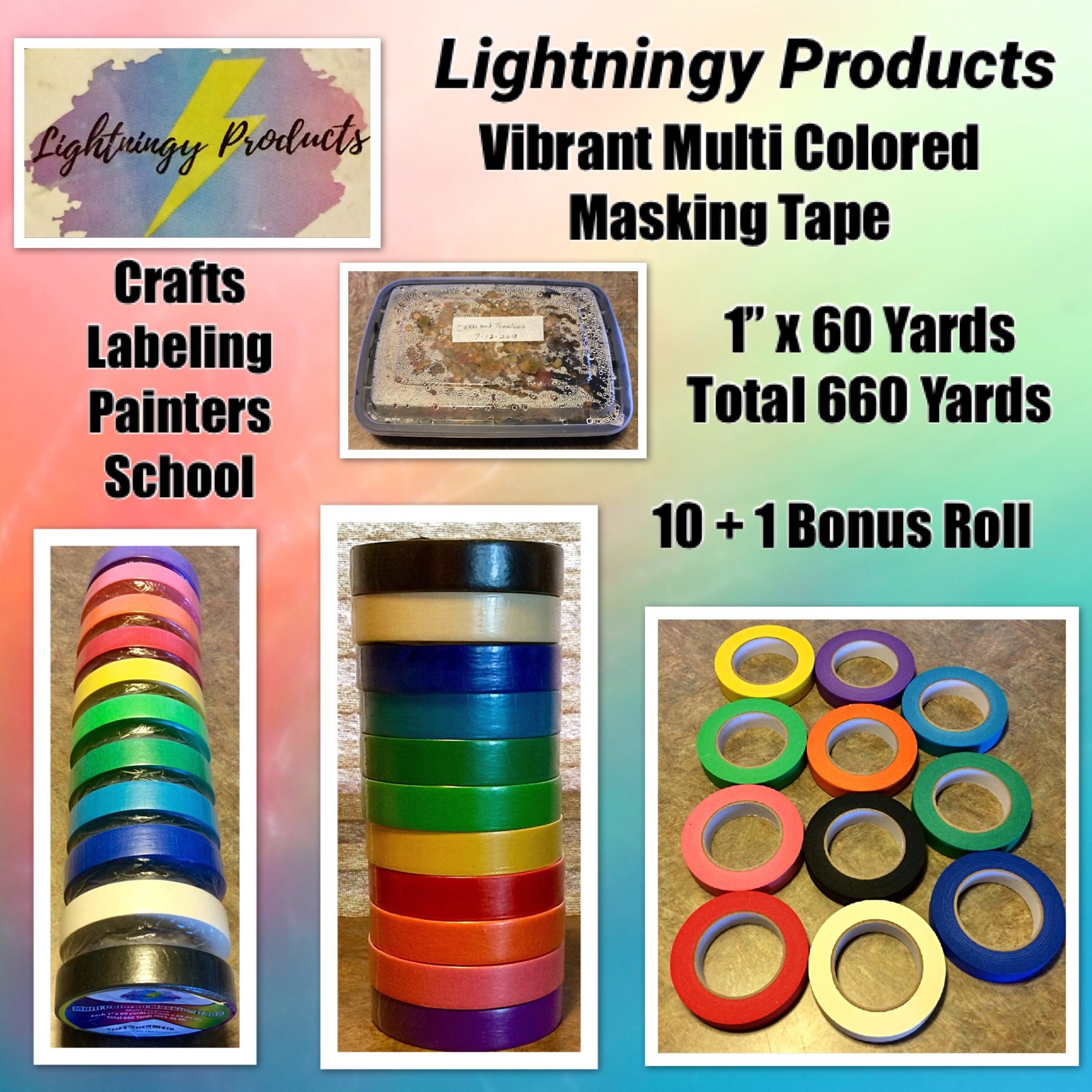 Lightningy Products - Vibrant Multi Colored Masking Tape - 10 Rolls Plus One Bonus Roll