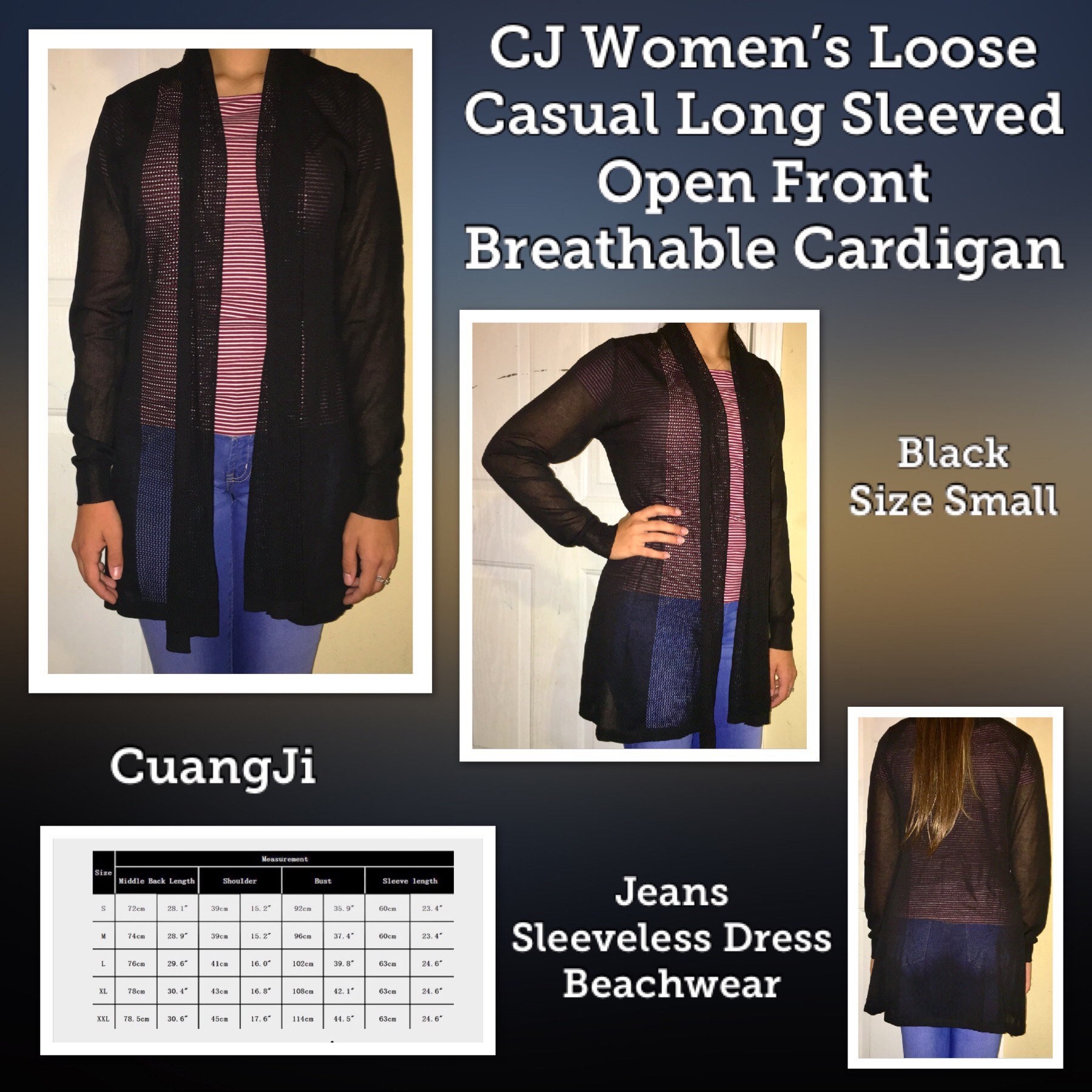 CJ Women's Loose Casual Long Sleeved Open Front Breathable Cardigan - (Black) Size Small