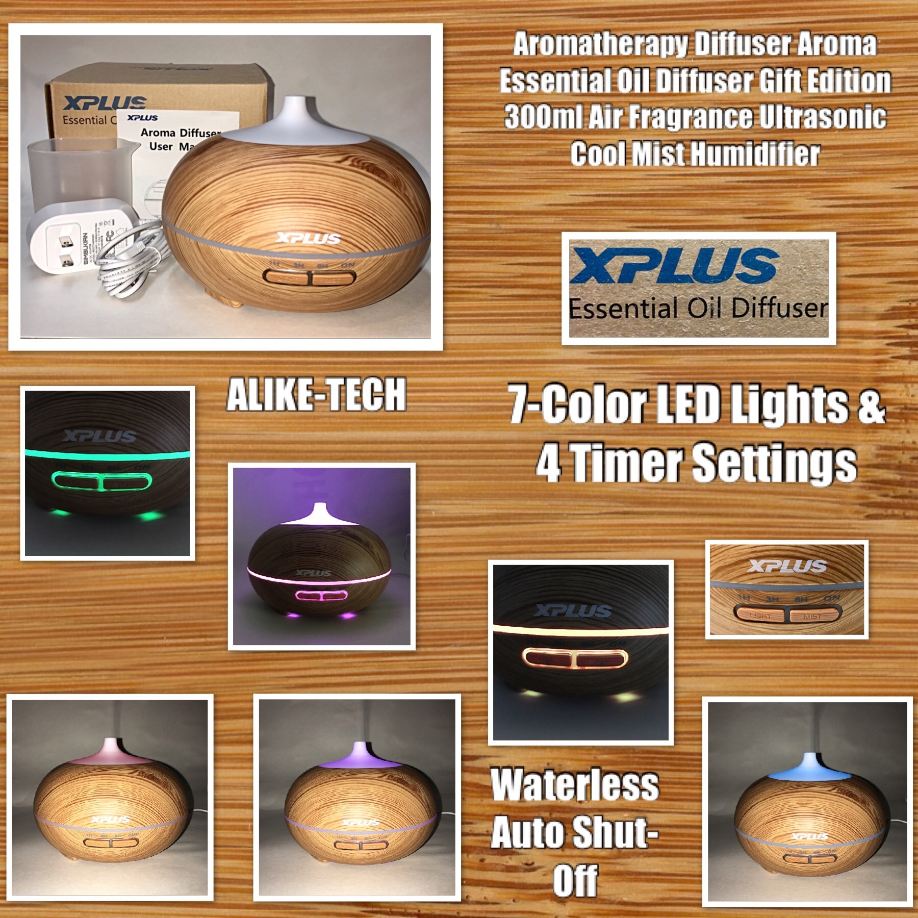 Aromatherapy Diffuser Aroma Essential Oil Diffuser Gift Edition 300ml Air Fragrance Ultrasonic Cool Mist Humidifier 7-Color LED Lights & 4 Timer Settings, Waterless Auto Shut-Off (Brown) - By ALIKE