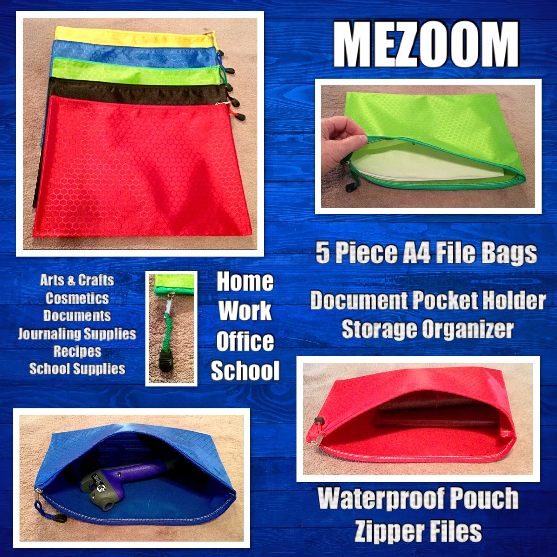 MEZOOM 5 Pcs A4 File Bags Document Pocket Holder Storage Organizer Waterproof Pouch Zipper Files Category Bag For Cosmetics Offices Stationery