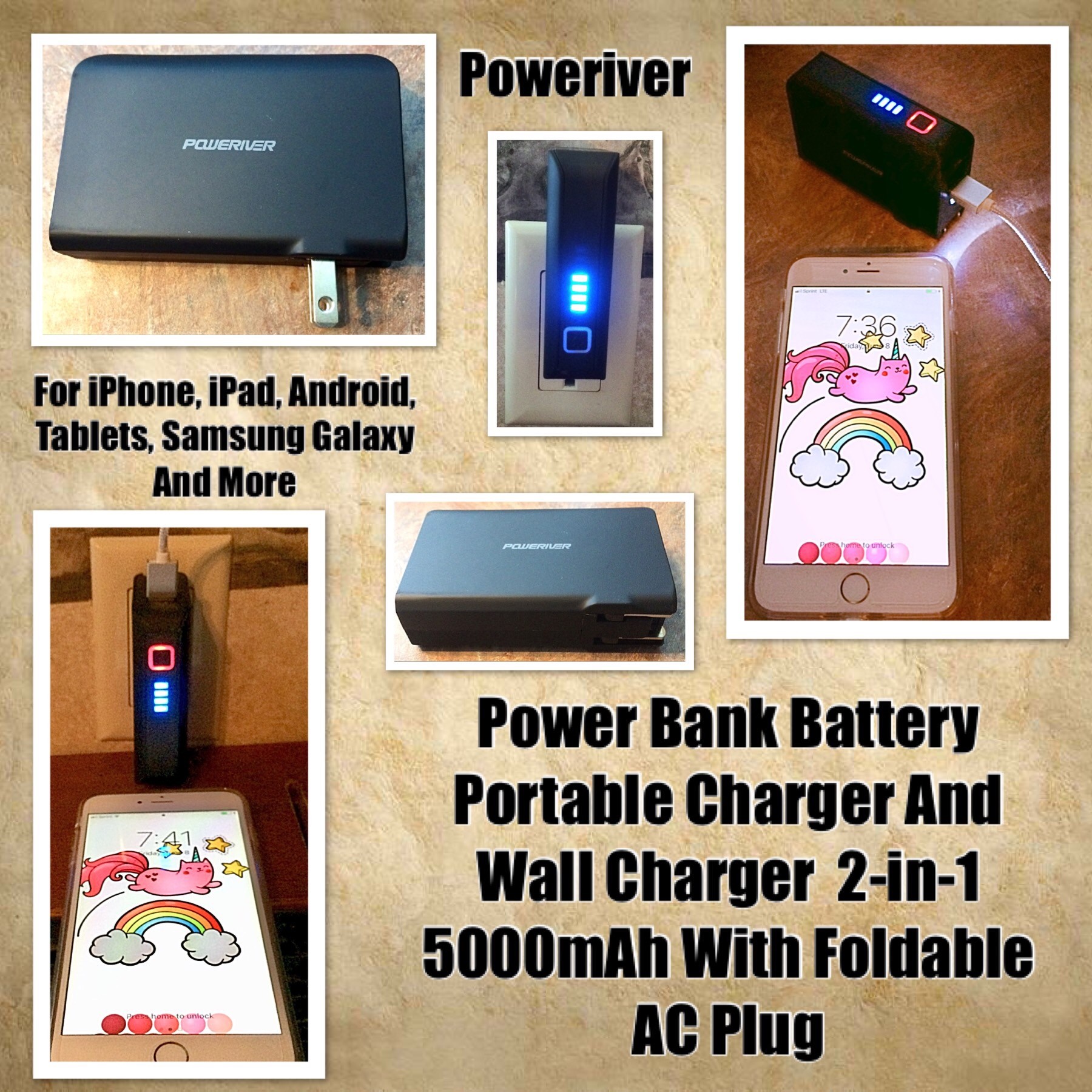 POWERIVER Power Bank Portable Charger And Wall Charger, Poweriver 2-in-1 5000mAh With Foldable AC Plug For iPhone, iPad, Android, Tablets, Samsung Galaxy And More (Black)