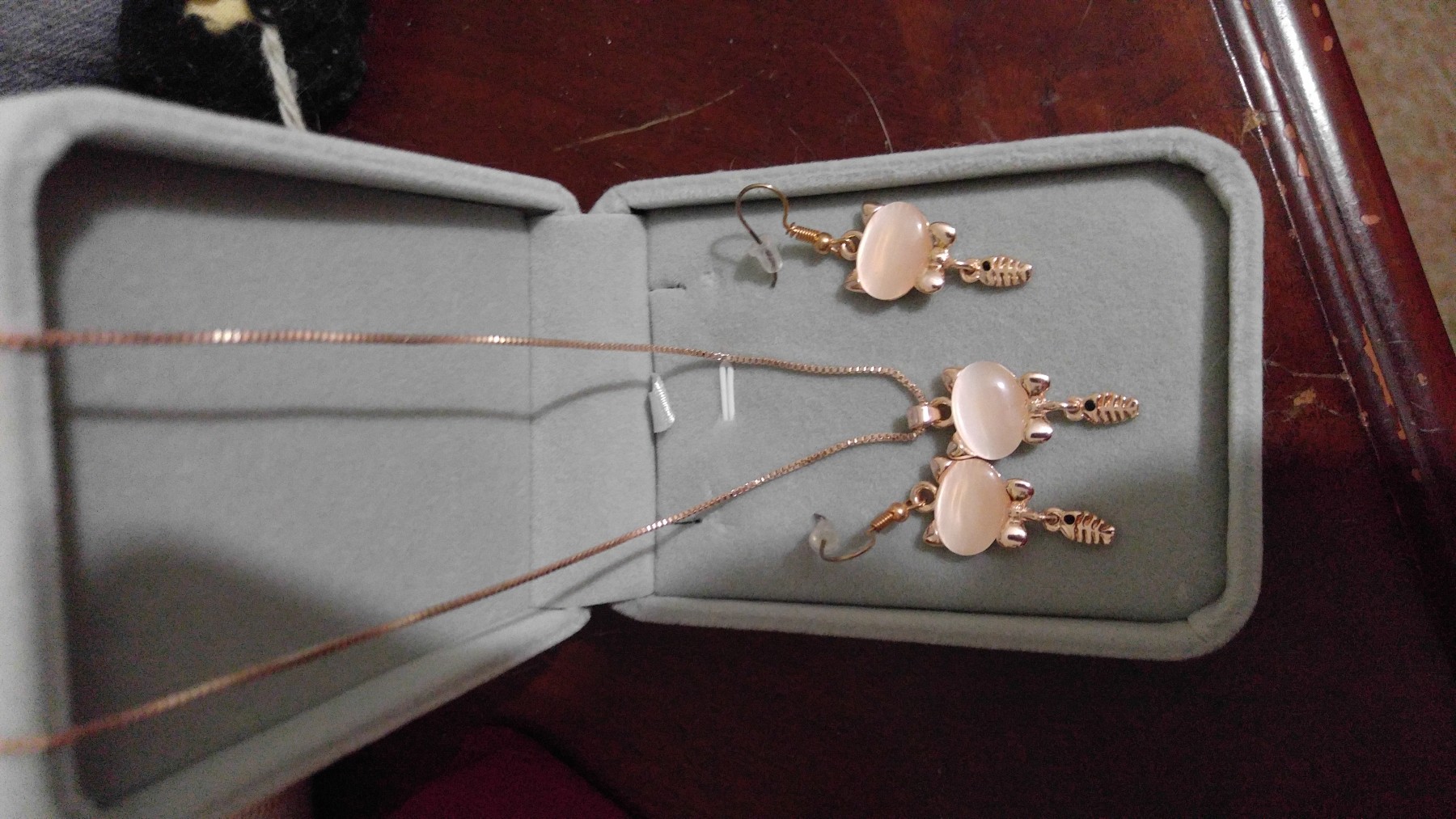 Opal rose gold kitty pendant earrings and necklace