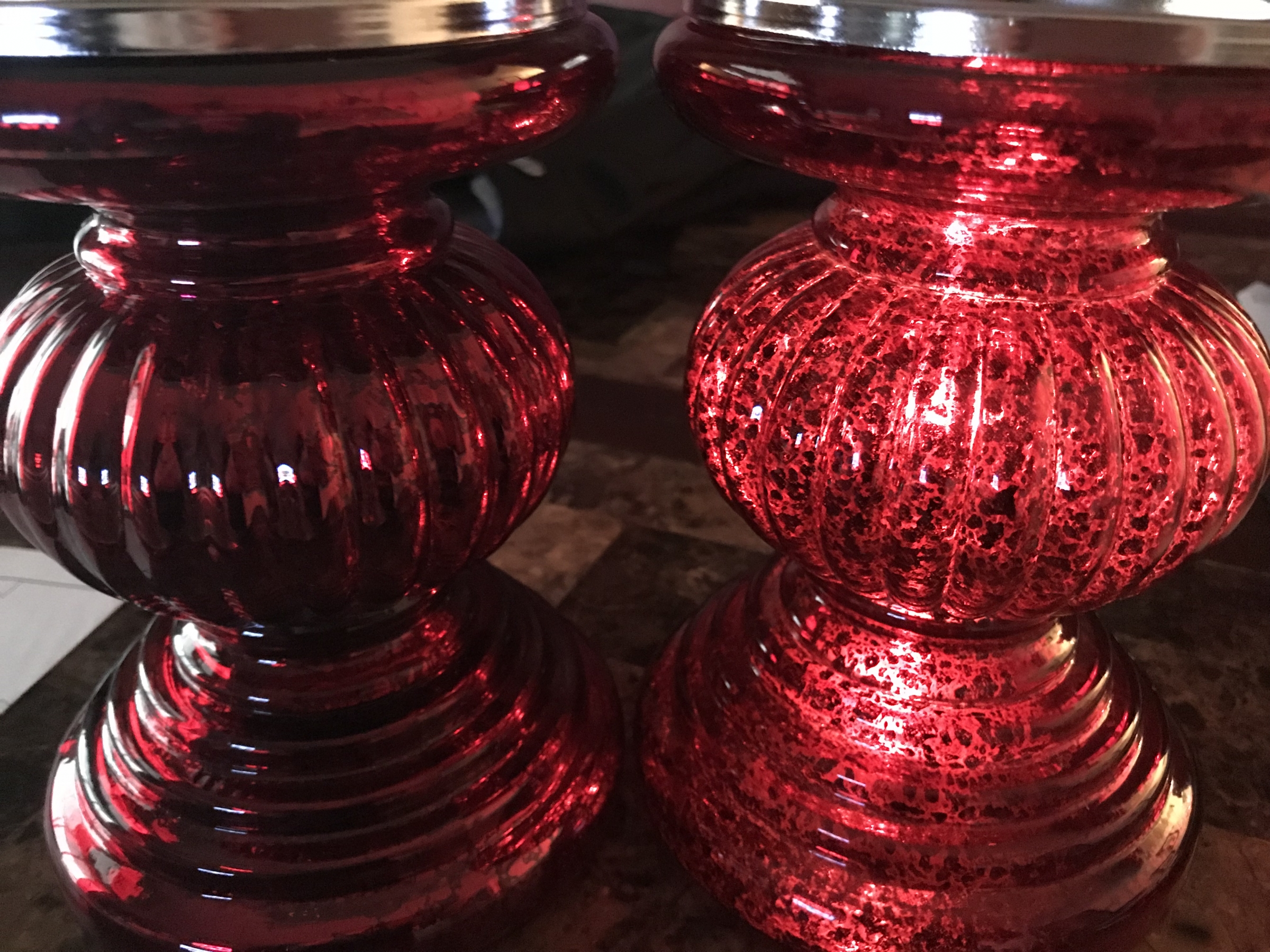Mercury glass illuminated candle pedestals from Dolucky.